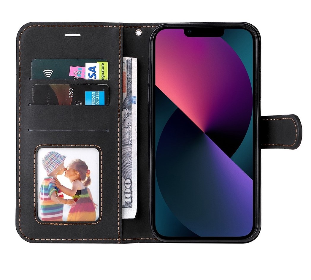 PU Leather-Bookcase-IPhone 15-Zwart-Rood-2-Cityhoesje.nl