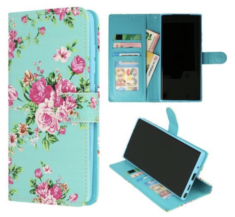 Iphone-15 Plus -Bookcase- Bloemen Blauw-1-Cityhoesje.nl