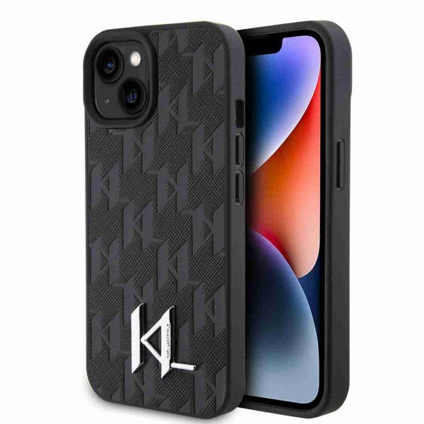 Karl Lagerfeld - Backcover iPhone 15 - Hot Stamp - KL Metal Logo - Monogram - Zwart