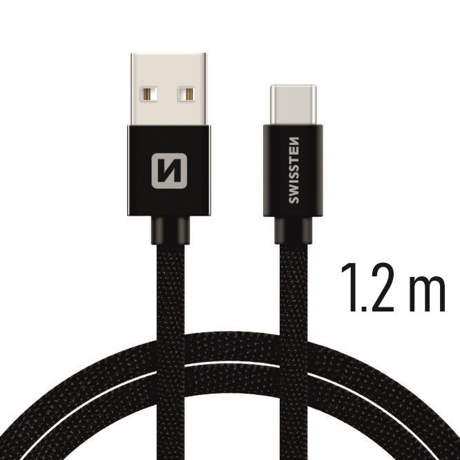 Swissten - Textile - USB to USB-C -  1.2 mtr - Fast Charging - Zwart - Afbeelding 1