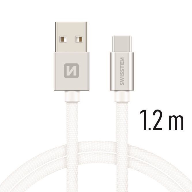 Swissten - Textile - USB to USB-C -  1.2 mtr - Fast Charging - Zilver - Afbeelding 1