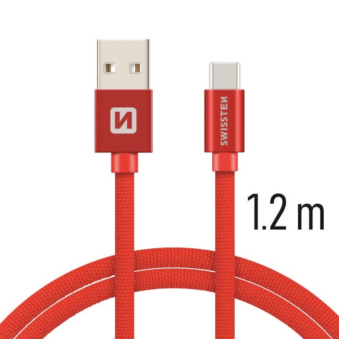 Swissten - Textile - USB to USB-C -  1.2 mtr - Fast Charging - Rood - Afbeelding 1