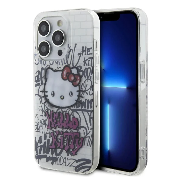 Hello Kitty - Backcover iPhone 15 - Graffiti Kitty on bricks - Wit