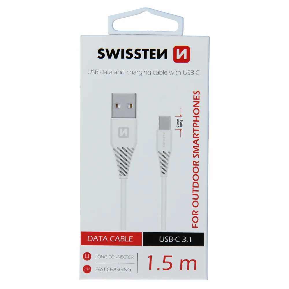 Swissten - Outdoor Type - C USB Data Cable - 1.5m - 9mm - Fast Charger - White - Afbeelding 1