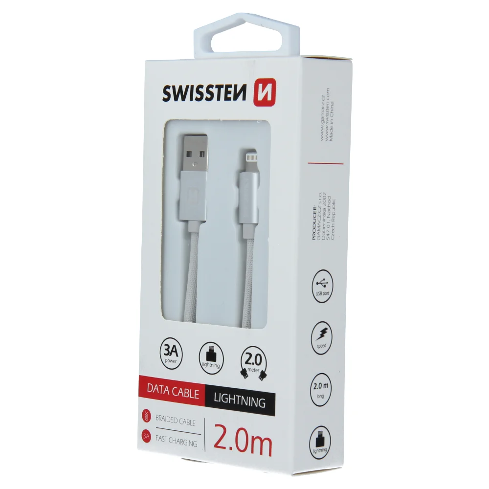 Swissten Textile Lightning Cable - 71523303 - 2m - Silver7