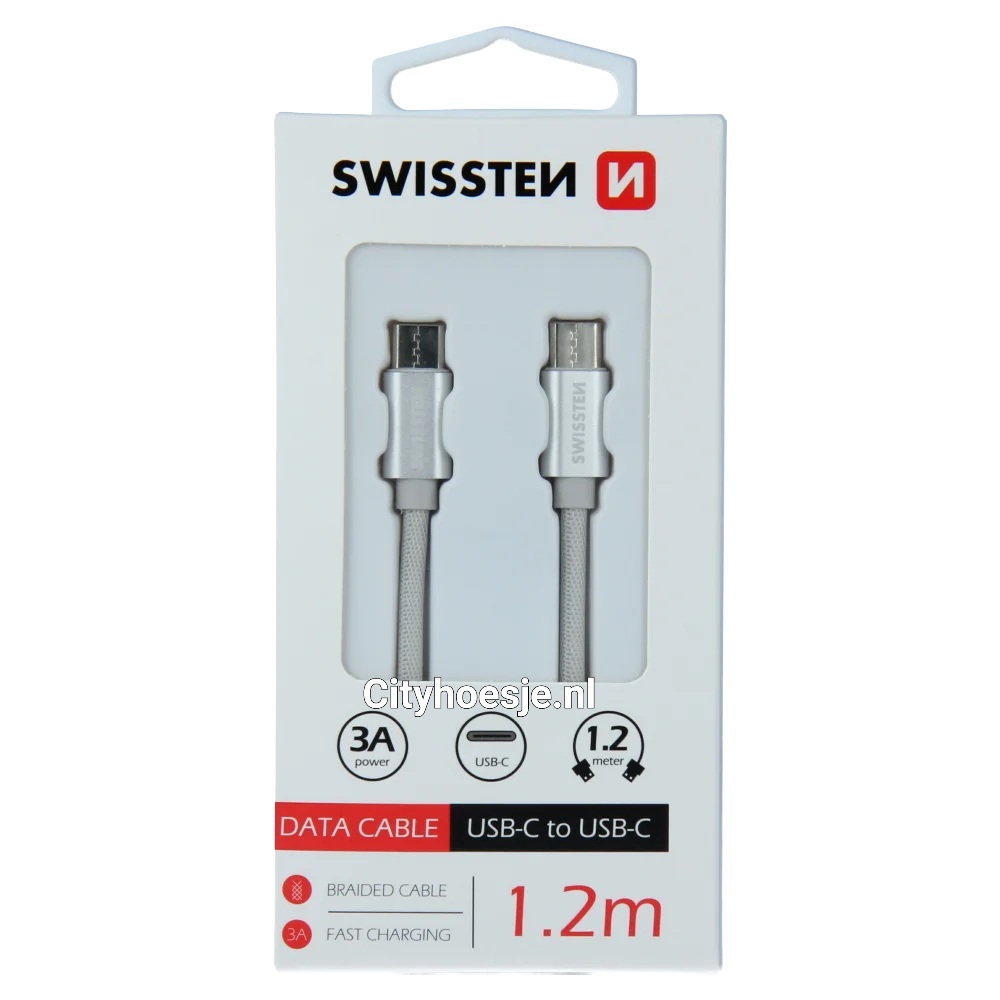 Swissten Textile Type - C To C -Cable - 1.2m - Silver - 1 - Cityhoesje.nl