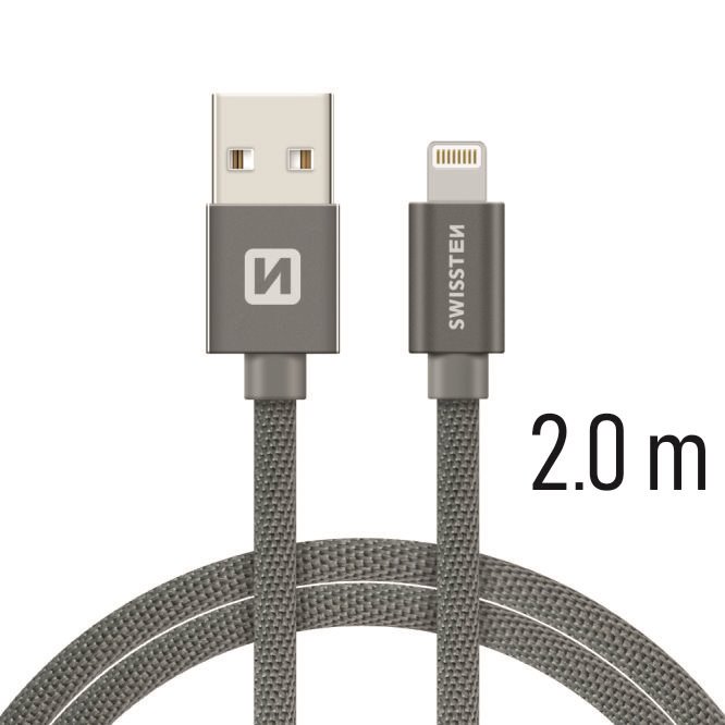 Swissten Textile USB MFI Lightning Cable - 2 m - Fast Charging - Grijs - Afbeelding 1