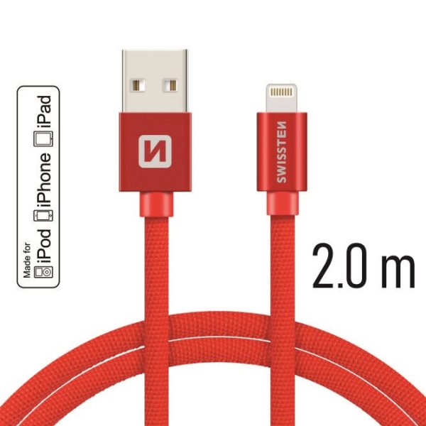 Swissten Textile USB MFI Lightning Cable - 2 m - Fast Charging - Rood