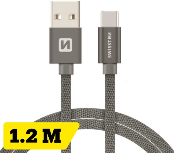 Swissten Textile Type USB To C -Cable - 1.2m - Fast Charging - Grijs