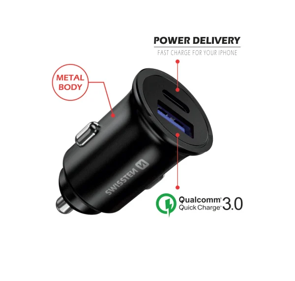 Swissten 2.4A Power Delivery (36W) Car Charger - With USB-A & USB-C Port - Zwart