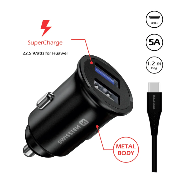 Swissten - 5A SuperCharge Car Charger (32.5W) - Type-C USB Cable - Zwart