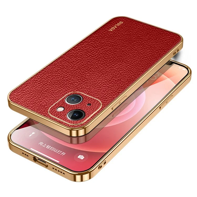 iPhone 15-Sulada Litchi Texture PU Leather Coated PC+TPU Backcover -Rood -1-Cityhoesje.nl