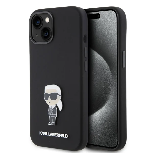 Karl Lagerfeld - Backcover iPhone 15 - Ikonik metal pin - Zwart