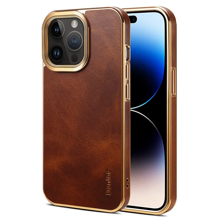 iPhone 15 Pro-Denior Waxy Textured Backcase Cow Leather+PC+TPU Electroplating -Bruin-1-Cityhoesje.nl