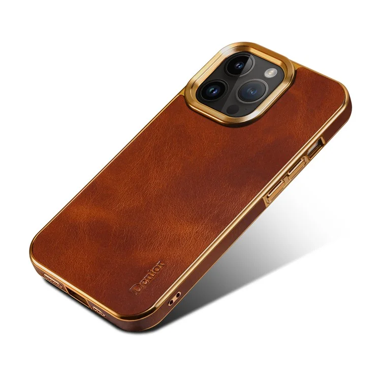 iPhone 15 Pro-Denior Waxy Textured Backcase Cow Leather+PC+TPU Electroplating -Bruin-5-Cityhoesje.nl