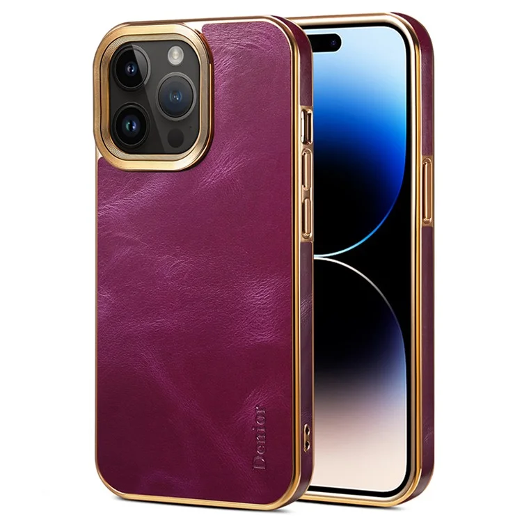 iPhone 15 Pro-Denior Waxy Textured Backcase Cow Leather+PC+TPU Electroplating -Paars-1-Cityhoesje.nl
