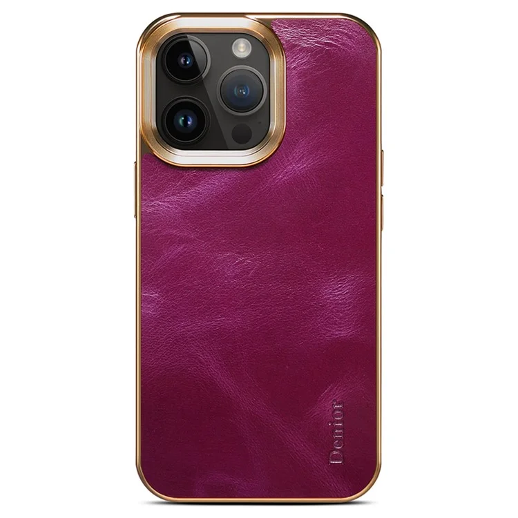 iPhone 15 Pro-Denior Waxy Textured Backcase Cow Leather+PC+TPU Electroplating -Paars-2-Cityhoesje.nl