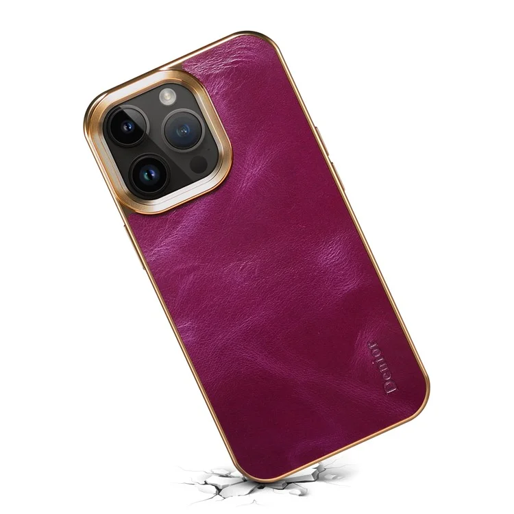iPhone 15 Pro-Denior Waxy Textured Backcase Cow Leather+PC+TPU Electroplating -Paars-3-Cityhoesje.nl