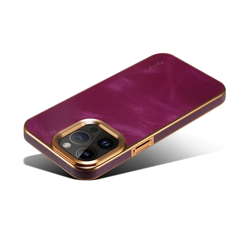 iPhone 15 Pro-Denior Waxy Textured Backcase Cow Leather+PC+TPU Electroplating -Paars-4-Cityhoesje.nl