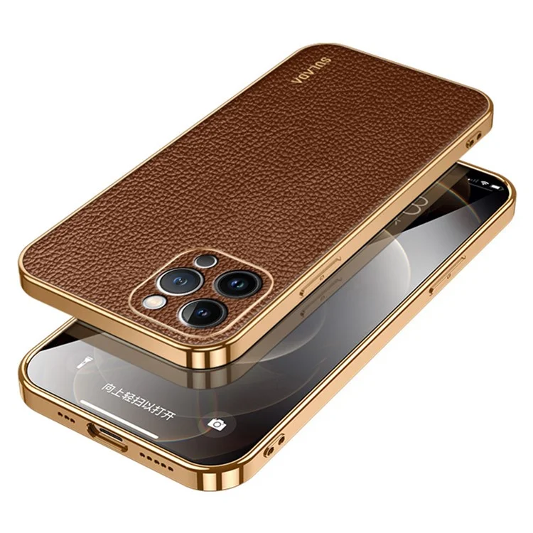 iPhone 15 Pro-Sulada Litchi Texture PU Leather Coated PC+TPU Backcover -Bruin-1-Cityhoesje.nl