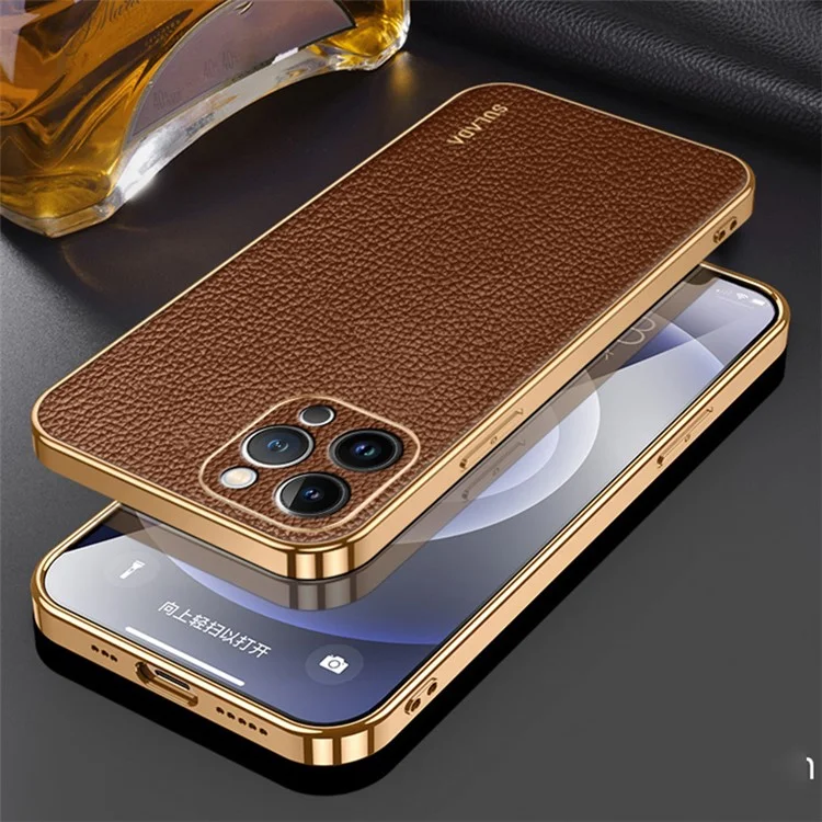 iPhone 15 Pro-Sulada Litchi Texture PU Leather Coated PC+TPU Backcover -Bruin-2-Cityhoesje.nl
