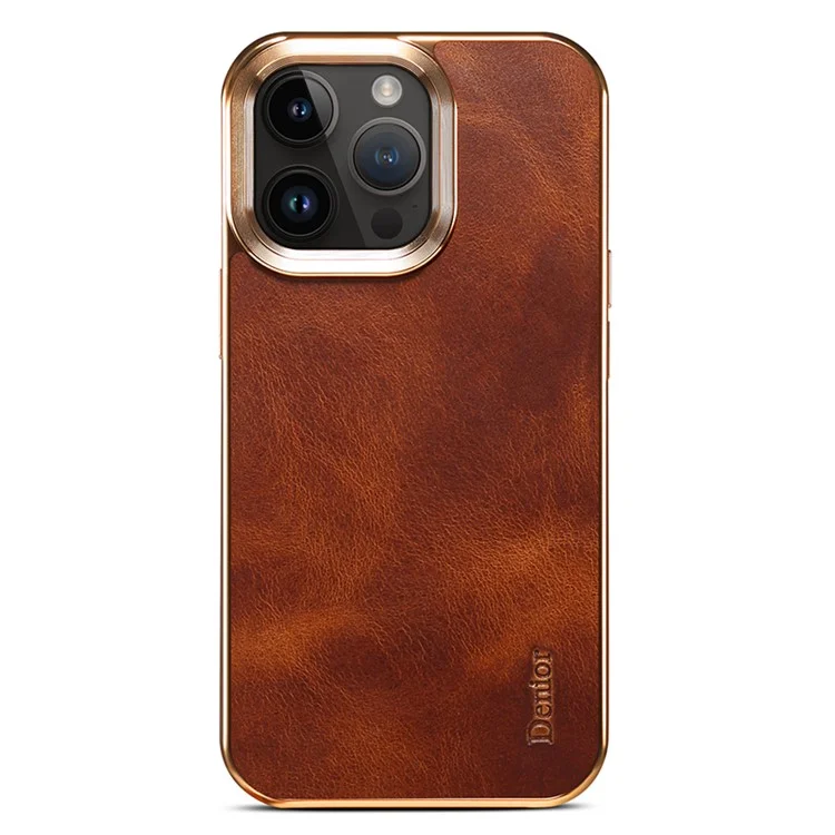 iPhone 15 ProMax-Denior Waxy Textured Backcase Cow Leather+PC+TPU Electroplating -Bruin-2-Cityhoesje.nl