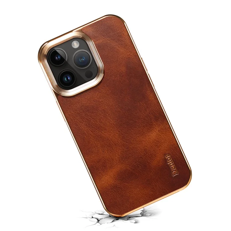 iPhone 15 ProMax-Denior Waxy Textured Backcase Cow Leather+PC+TPU Electroplating -Bruin-3-Cityhoesje.nl