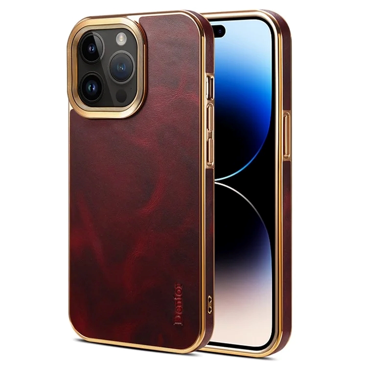 iPhone 15 ProMax-Denior Waxy Textured Backcase Cow Leather+PC+TPU Electroplating -Rood-1-Cityhoesje.nl