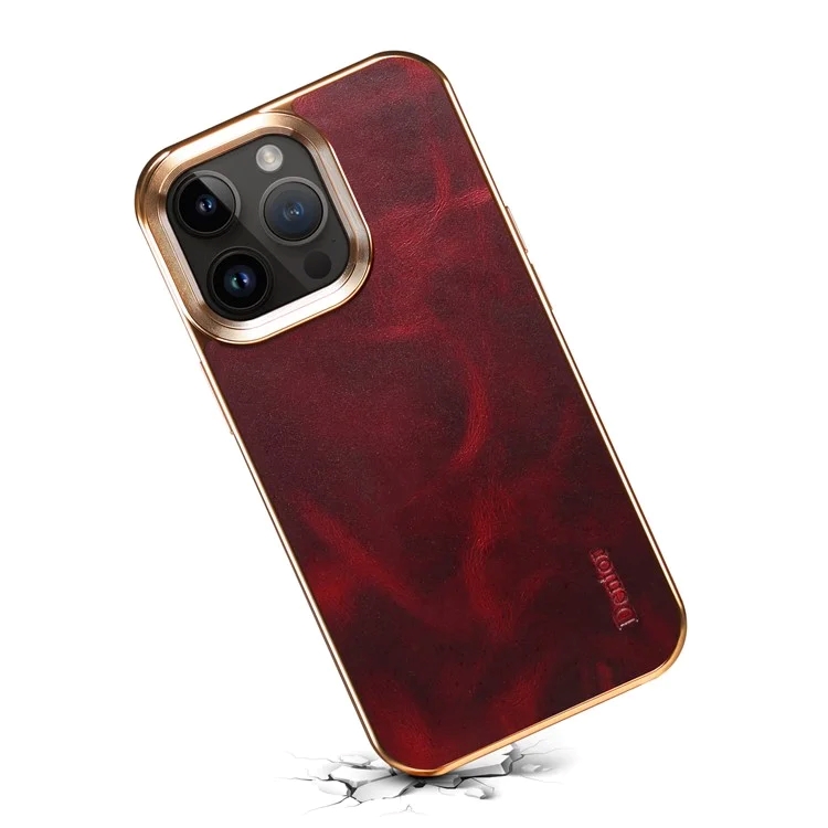 iPhone 15 ProMax-Denior Waxy Textured Backcase Cow Leather+PC+TPU Electroplating -Rood-3-Cityhoesje.nl