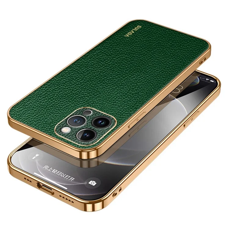 iPhone 15 ProMax-Sulada Litchi Texture PU Leather Coated PC+TPU Backcover -Groen-1-Cityhoesje.nl