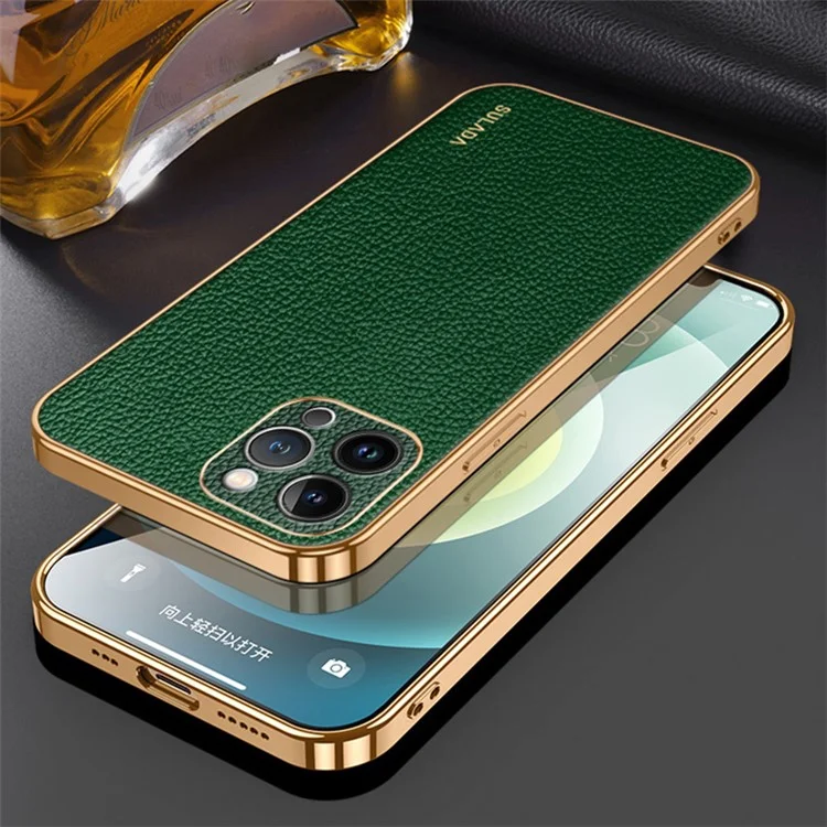 iPhone 15 ProMax-Sulada Litchi Texture PU Leather Coated PC+TPU Backcover -Groen-2-Cityhoesje.nl