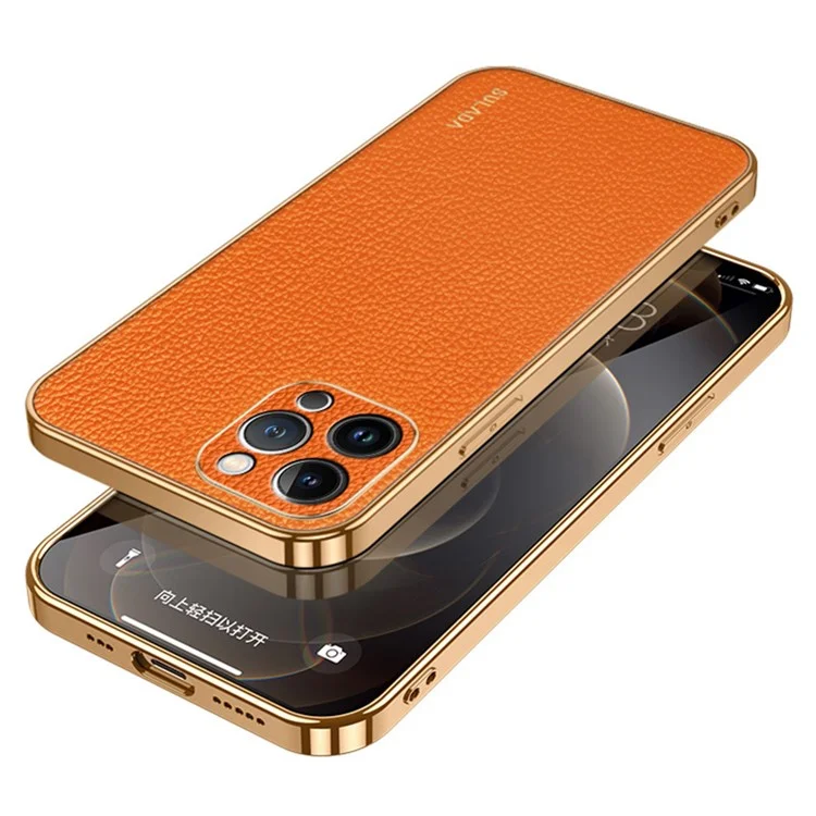 iPhone 15 ProMax-Sulada Litchi Texture PU Leather Coated PC+TPU Backcover - Oranje-1-Cityhoesje.nl