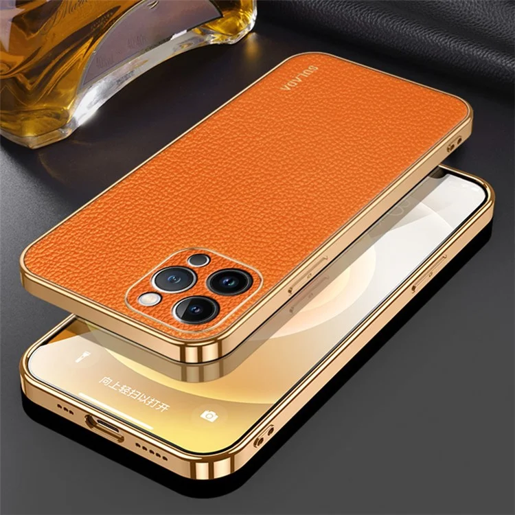 iPhone 15 ProMax-Sulada Litchi Texture PU Leather Coated PC+TPU Backcover - Oranje-2-Cityhoesje.nl