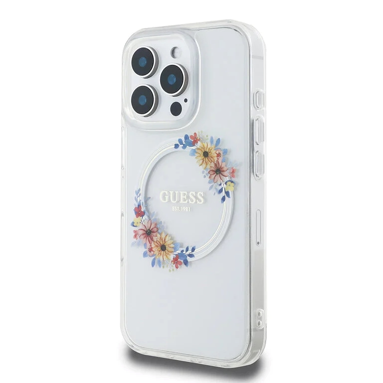 Guess iPhone 16 Pro Max Backcover hoesje Magsafe IML flowers - Transparant-2-Cityhoesje.nl