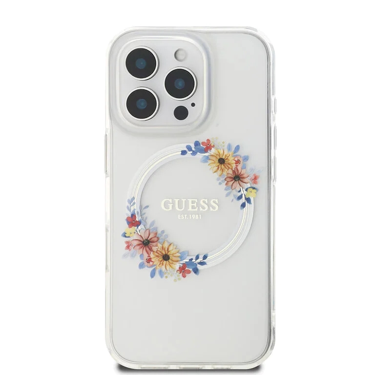Guess iPhone 16 Pro Max Backcover hoesje Magsafe IML flowers - Transparant-3-Cityhoesje.nl