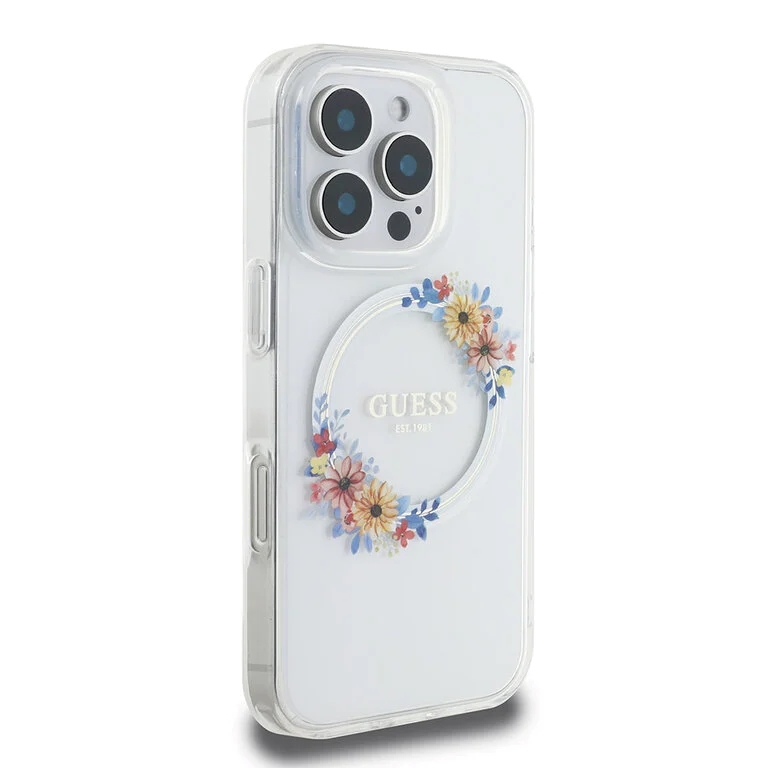 Guess iPhone 16 Pro Max Backcover hoesje Magsafe IML flowers - Transparant-4-Cityhoesje.nl