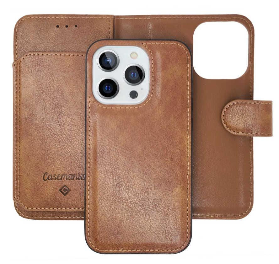 Casemania – Bookcase iPhone 16 Pro – 2 in 1 - 6 Pasjes - Bruin - Afbeelding 1