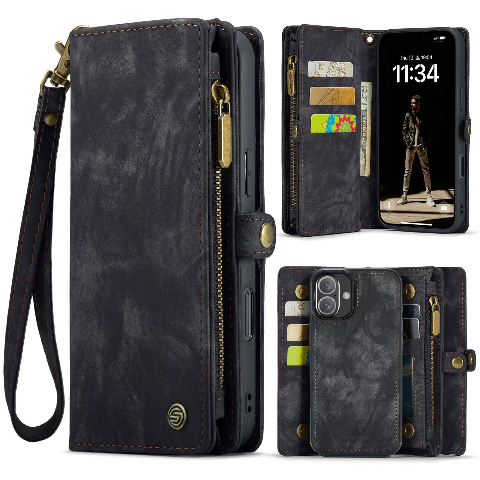 Solidenz - Bookcase iPhone 16 - Wallet 2 in 1 – Zwart - Afbeelding 1