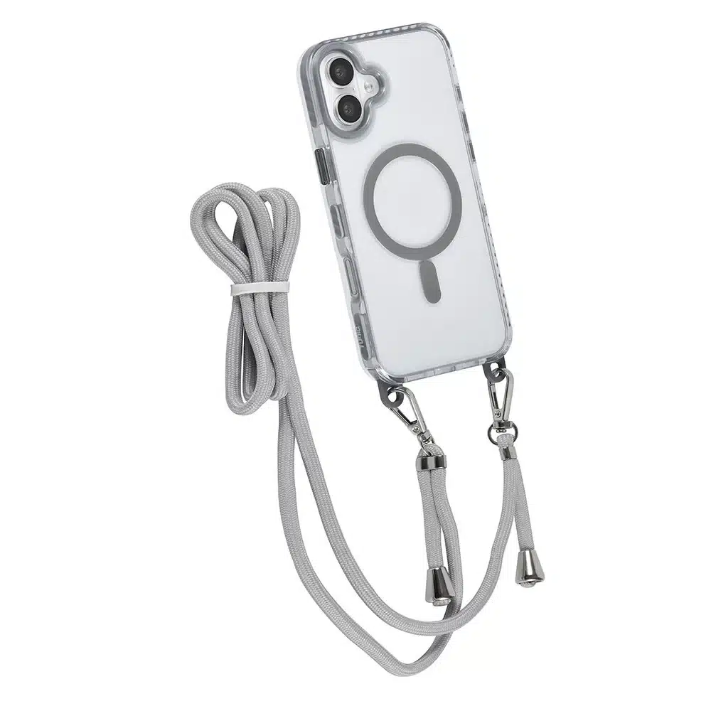 TUNIQ – Backcover iPhone 16 Plus – Afneembaar Nek koord -TPU- PC – Grijs-Transparant - Afbeelding 4