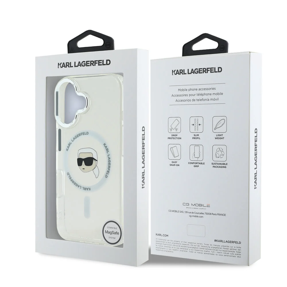 Karl Lagerfeld - Backcover iPhone 16 - Karl Head - Magsafe - metal - Transparant Wit - Afbeelding 8