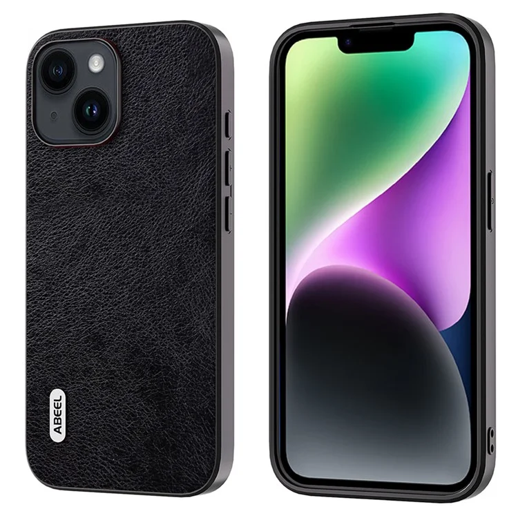 ABEEL – Backcover iPhone 14 Plus-15 Plus – Cowhide Leather – TPU – Litchi – Anti-Scratch – Zwart - Afbeelding 1