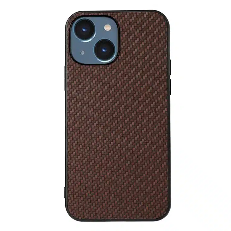 Cityhoesje-iPhone 15-Backcover-Carbon Fiber Texture PU Leather Coated TPU Case -Bruin-1-Cityhoesje.nl