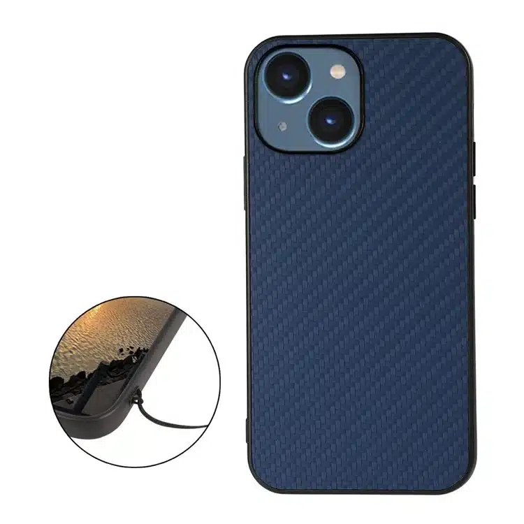 Cityhoesje - Backcover iPhone 14 Plus -15 Plus - Carbon Fiber Texture PU – Blauw - Afbeelding 5
