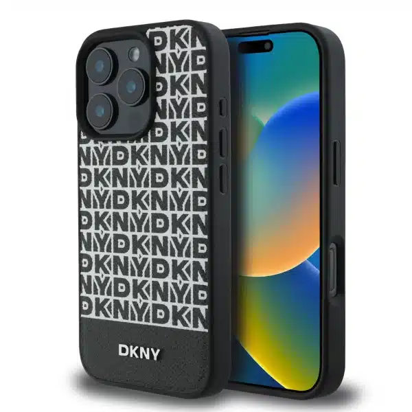 DKNY - Backcover iPhone 16 Pro Max - PU Leather Repeat Pattern Bottom Stripe MagSafe - Zwart