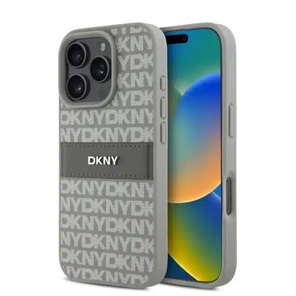 DKNY - Backcover iPhone 16 Pro Max - PU Leer Repeat Pattern Tonal Stripe - Beige