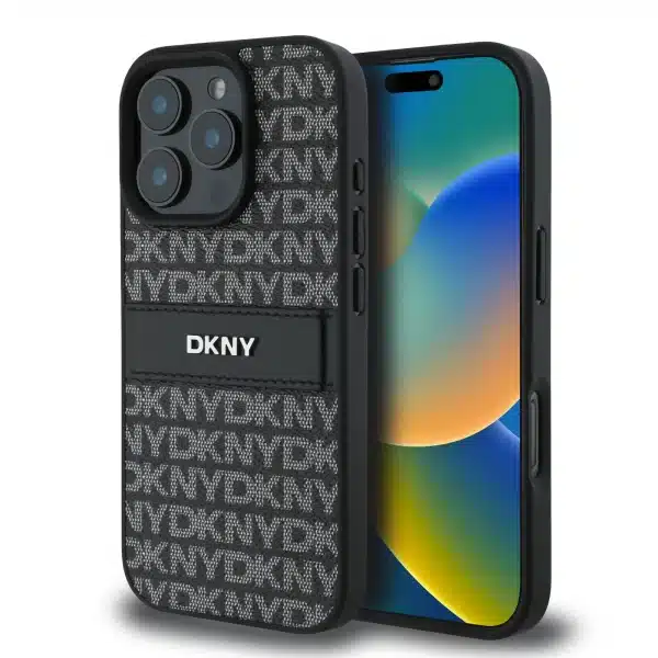 DKNY - Backcover iPhone 16 Pro Max - PU Leather Repeat Pattern Tonal Stripe - Zwart