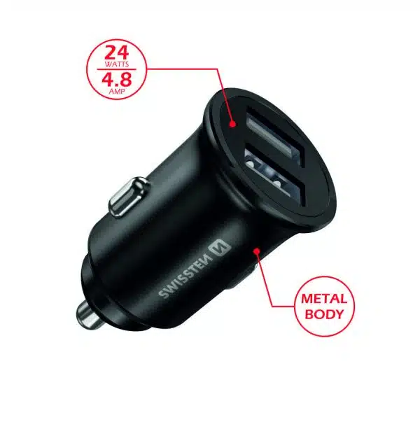 Swissten - 4.8A Dual Port Car Charger - Zwart