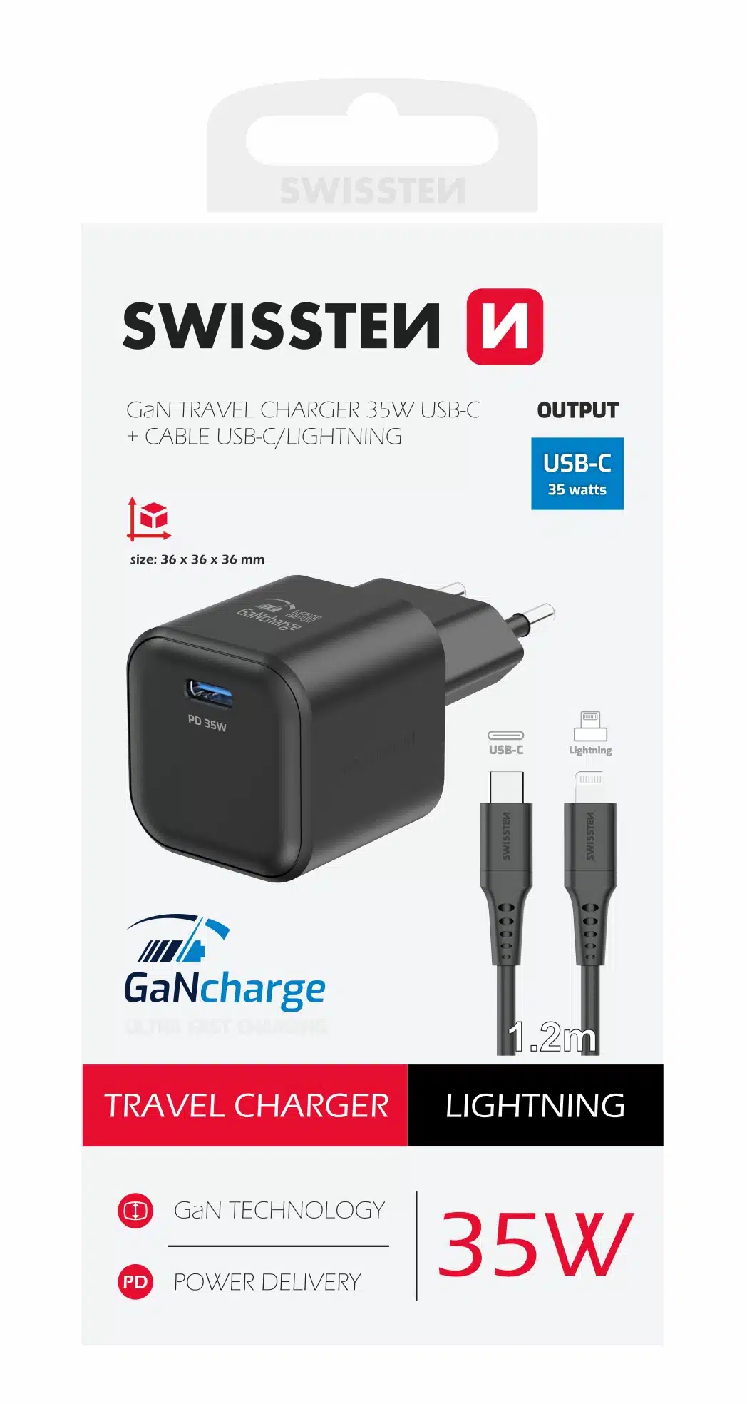 Swissten - 35W USB-C - Travel Charger With Lightning To USB-C Cable - 1.2m - Zwart - Afbeelding 3