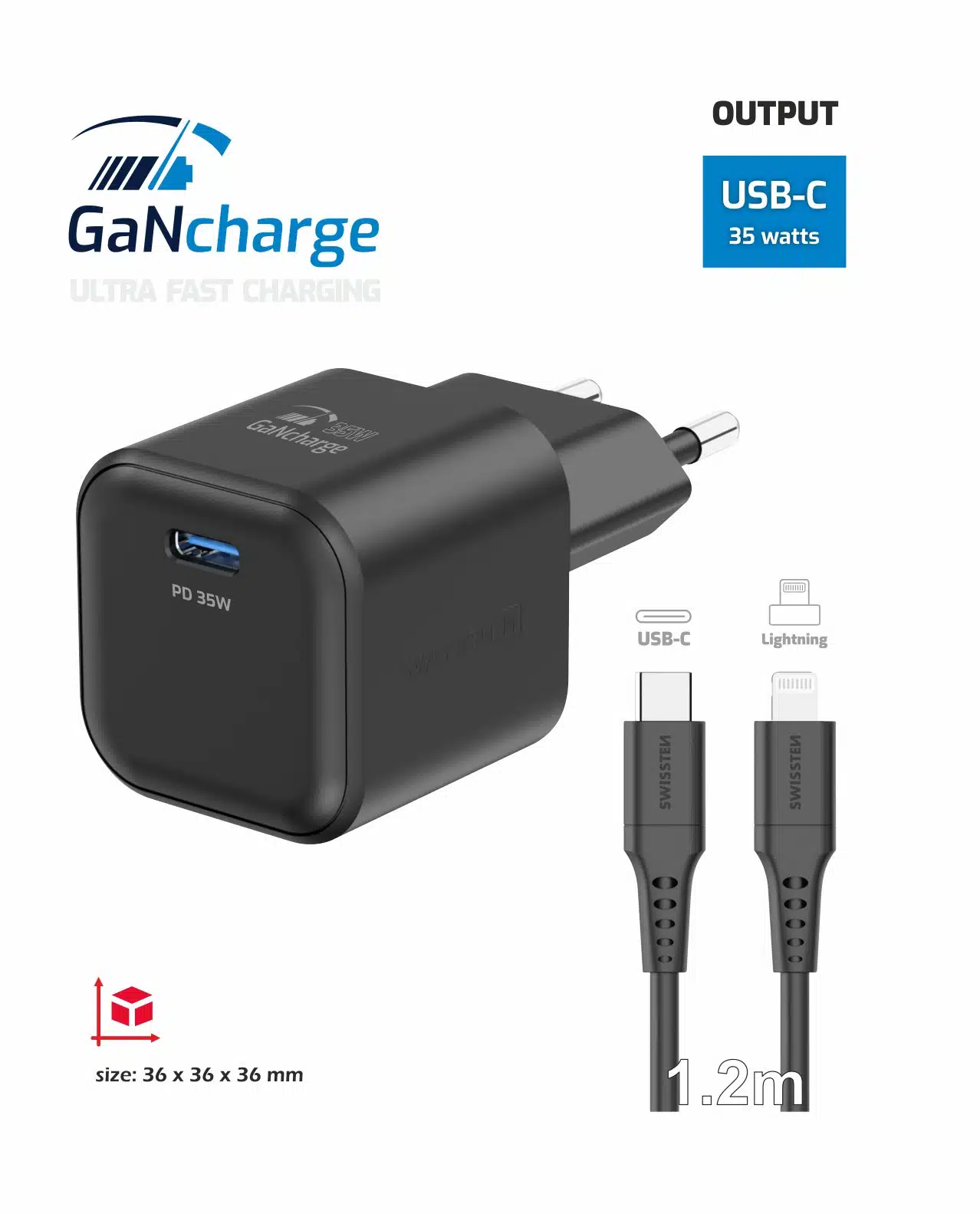 Swissten - 35W USB-C - Travel Charger With Lightning To USB-C Cable - 1.2m - Zwart - Afbeelding 2