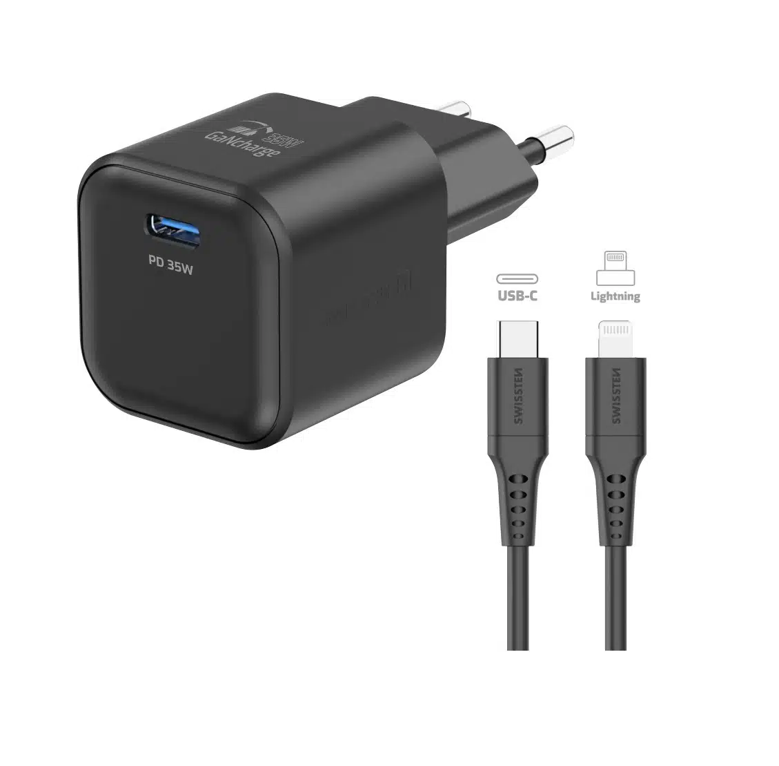 Swissten - 35W USB-C - Travel Charger With Lightning To USB-C Cable - 1.2m - Zwart - Afbeelding 1